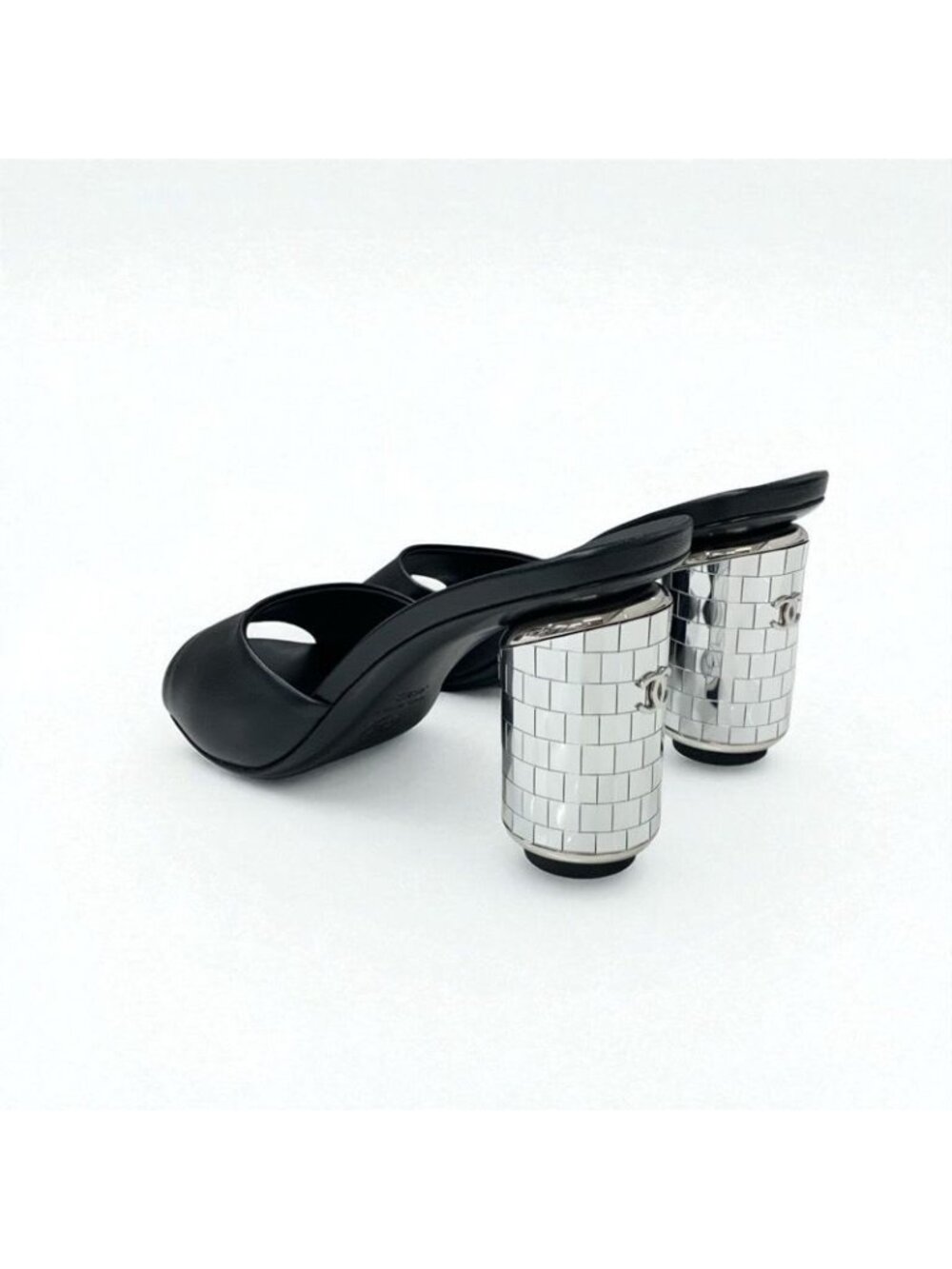 Chanel Sandals Shoes Leather Black Silver Coco Mark - Picture 5 of 10